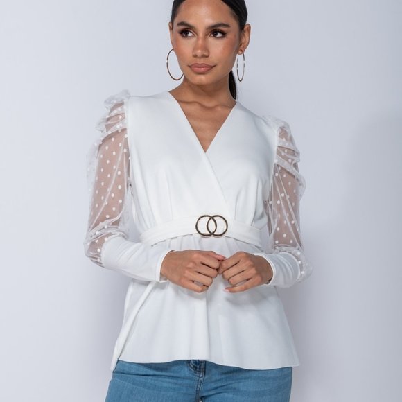 Passion LyLy Tops - White Long Polka Dot Sleeve V-Neck Belted Blouse